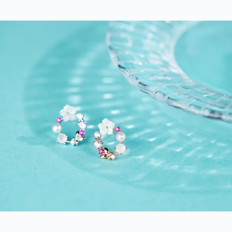 Modian Original Brand Round Pink Flower Zircon Stud Earrings Fashion Charm Genuine 925 Sterling Silver Fine Jewelry Korean Gift