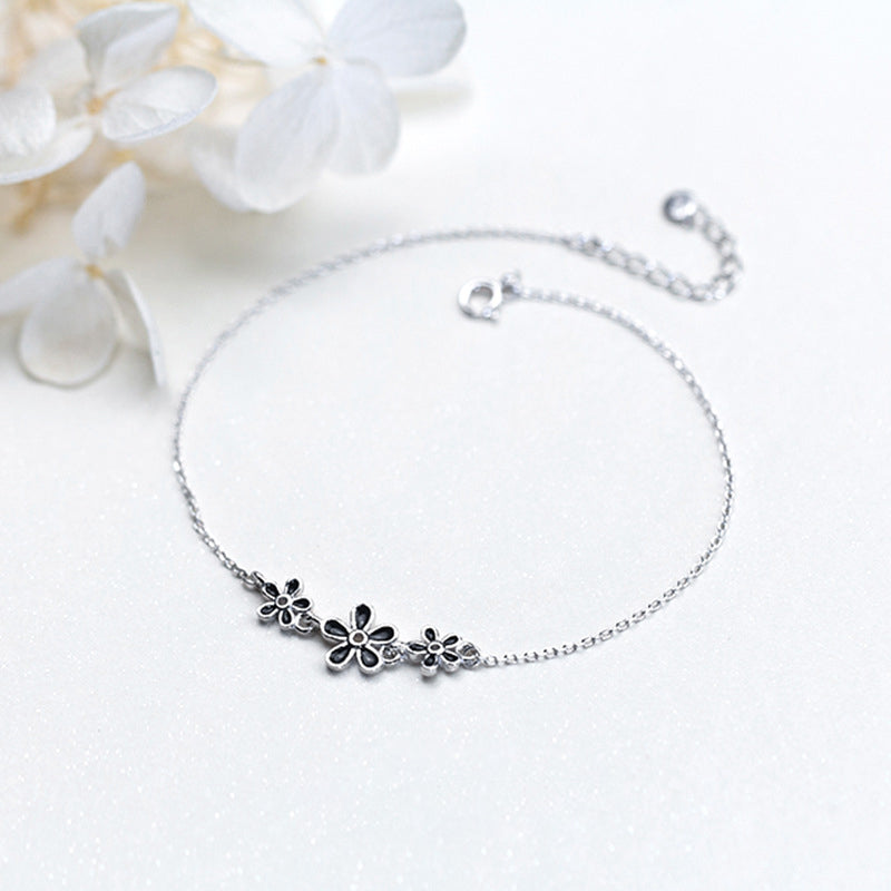 Vintage Enamel Flower Silver Anklet