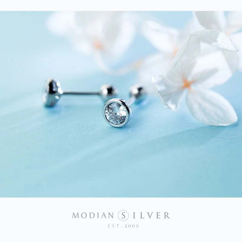 Modian Classic Charm Round Clear CZ Stud Earrings for Women 925 Sterling Silver Wedding Engagement Statement Jewelry Gifts