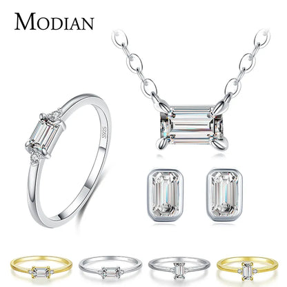 Modian 925 Sterling Silver Classic Charm AAA Zirconia Necklace Earrings Rings Bridal Wedding Jewelry Set For Women Fine Jewelry