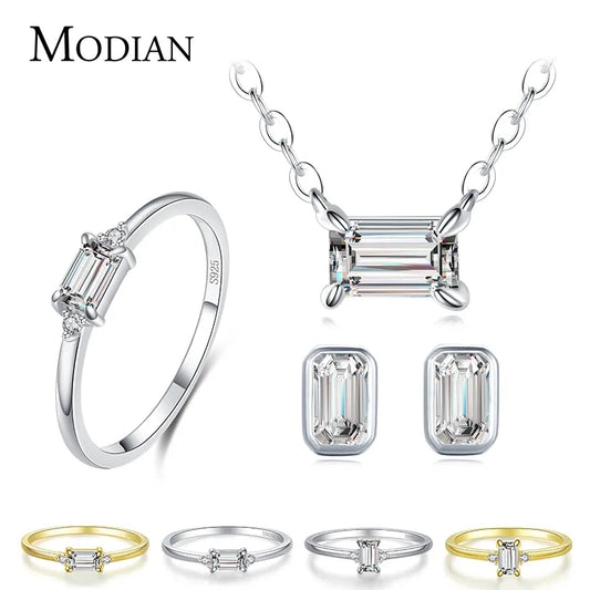 Modian 925 Sterling Silver Classic Charm AAA Zirconia Necklace Earrings Rings Bridal Wedding Jewelry Set For Women Fine Jewelry