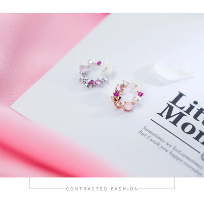 Modian Original Brand Round Pink Flower Zircon Stud Earrings Fashion Charm Genuine 925 Sterling Silver Fine Jewelry Korean Gift