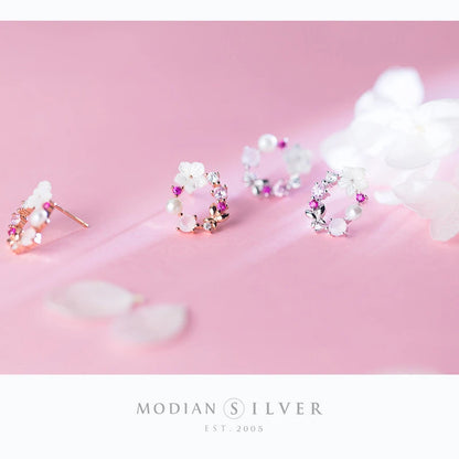 Modian Original Brand Round Pink Flower Zircon Stud Earrings Fashion Charm Genuine 925 Sterling Silver Fine Jewelry Korean Gift