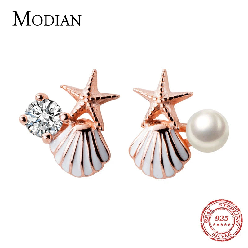 Modian Rose Gold Color Starfish Shell Enamel Stud Earrings for Women 925 Sterling Silver Fashion Jewelry Brincos Dropshipping
