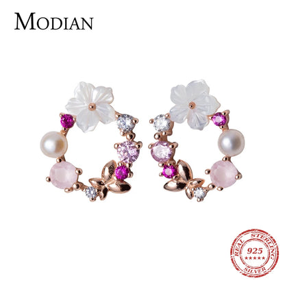 Modian Original Brand Round Pink Flower Zircon Stud Earrings Fashion Charm Genuine 925 Sterling Silver Fine Jewelry Korean Gift