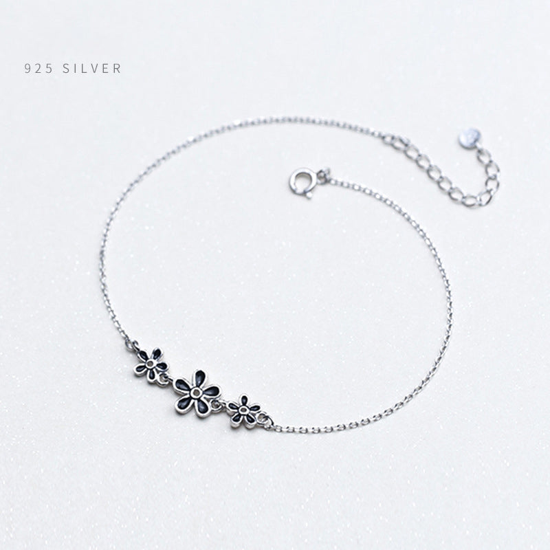 Vintage Enamel Flower Silver Anklet