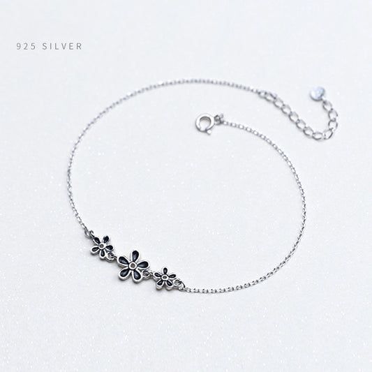Vintage Enamel Flower Silver Anklet