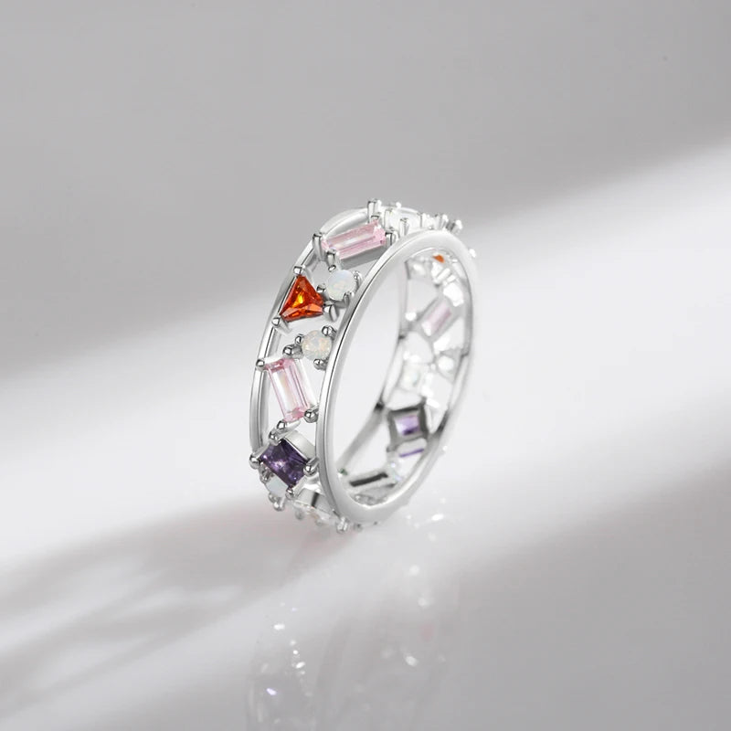 Modian 925 Sterling Silver Rainbow Color Zirconia Women Stud Earrings Geometric Stackable Ring Fashion Ears Fine Jewelry Sets