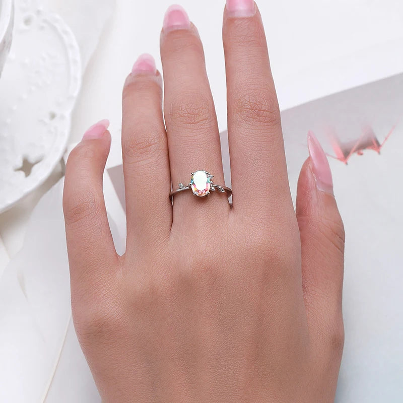 Modian 925 Sterling Silver Rainbow Color Zirconia Oval Jewelry Sets Classic Ring Drop Earrings Nekclace Pendant For Women Gifts