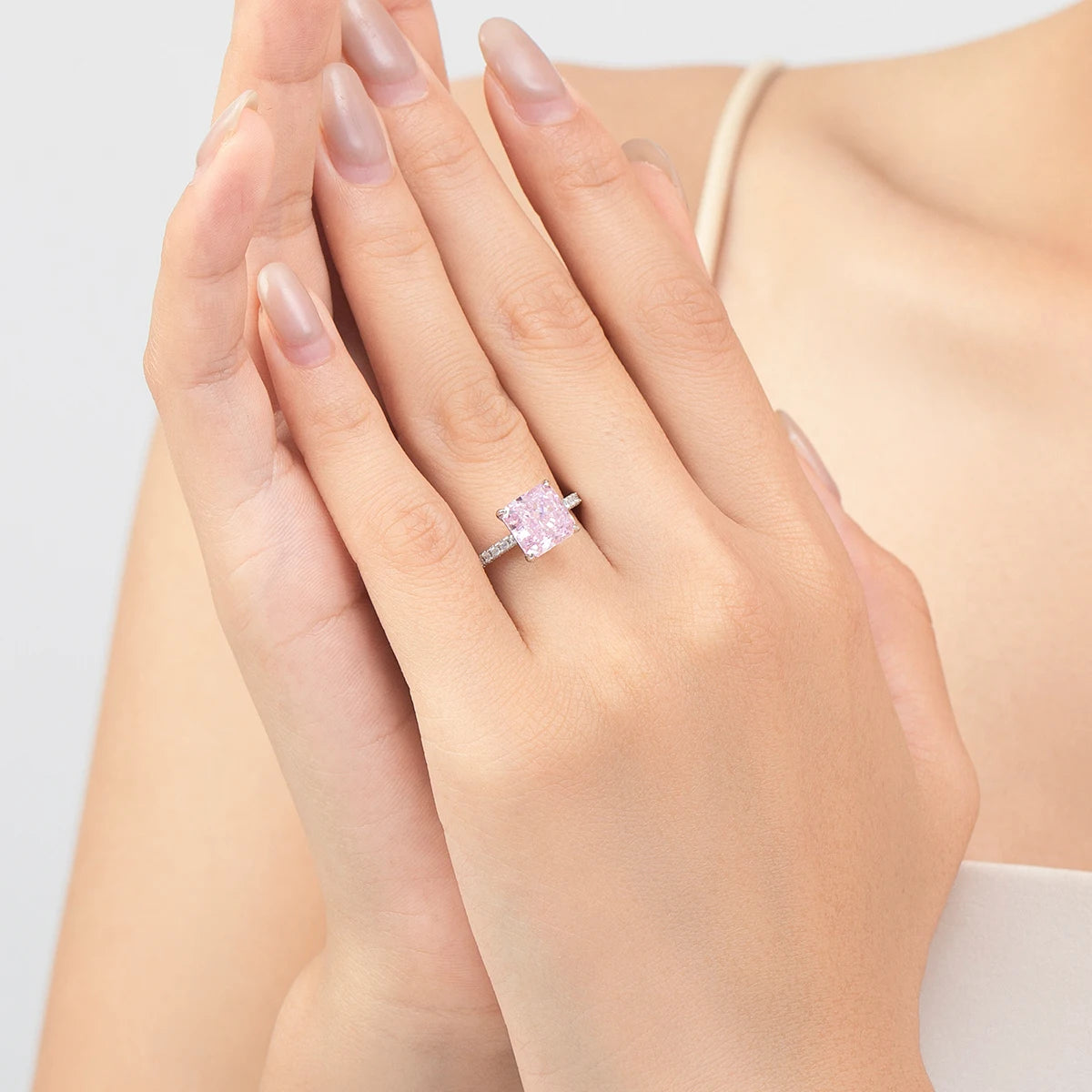 MODIAN 925 Sterling Silver Pink Crushed Ice Cut 2ct Square Sparkling Ring For Platinum Plated Women Classic Wedding Jewelry Gift