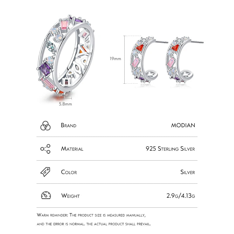 Modian 925 Sterling Silver Rainbow Color Zirconia Women Stud Earrings Geometric Stackable Ring Fashion Ears Fine Jewelry Sets