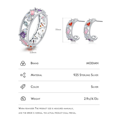 Modian 925 Sterling Silver Rainbow Color Zirconia Women Stud Earrings Geometric Stackable Ring Fashion Ears Fine Jewelry Sets