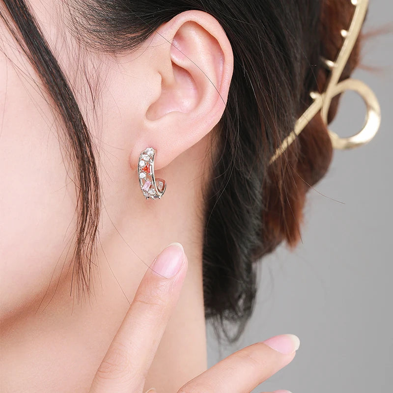Modian 925 Sterling Silver Rainbow Color Zirconia Women Stud Earrings Geometric Stackable Ring Fashion Ears Fine Jewelry Sets