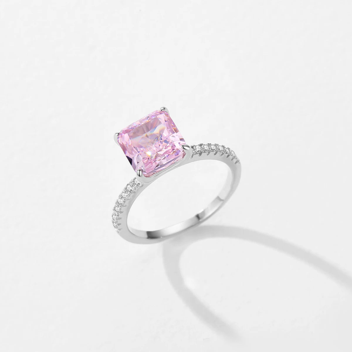 MODIAN 925 Sterling Silver Pink Crushed Ice Cut 2ct Square Sparkling Ring For Platinum Plated Women Classic Wedding Jewelry Gift