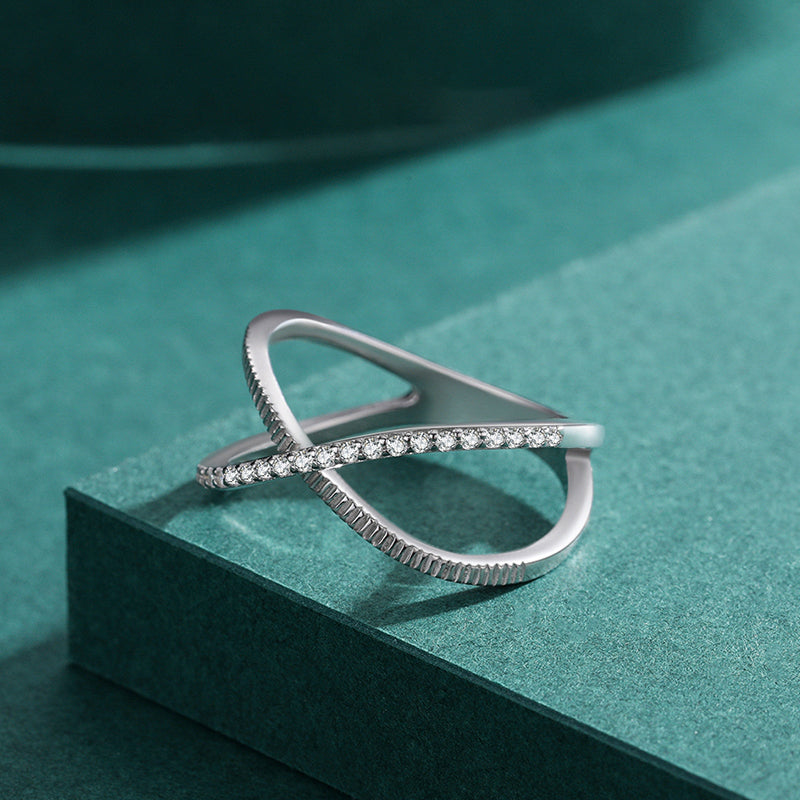 Crossed Sparkling Clear CZ Ring