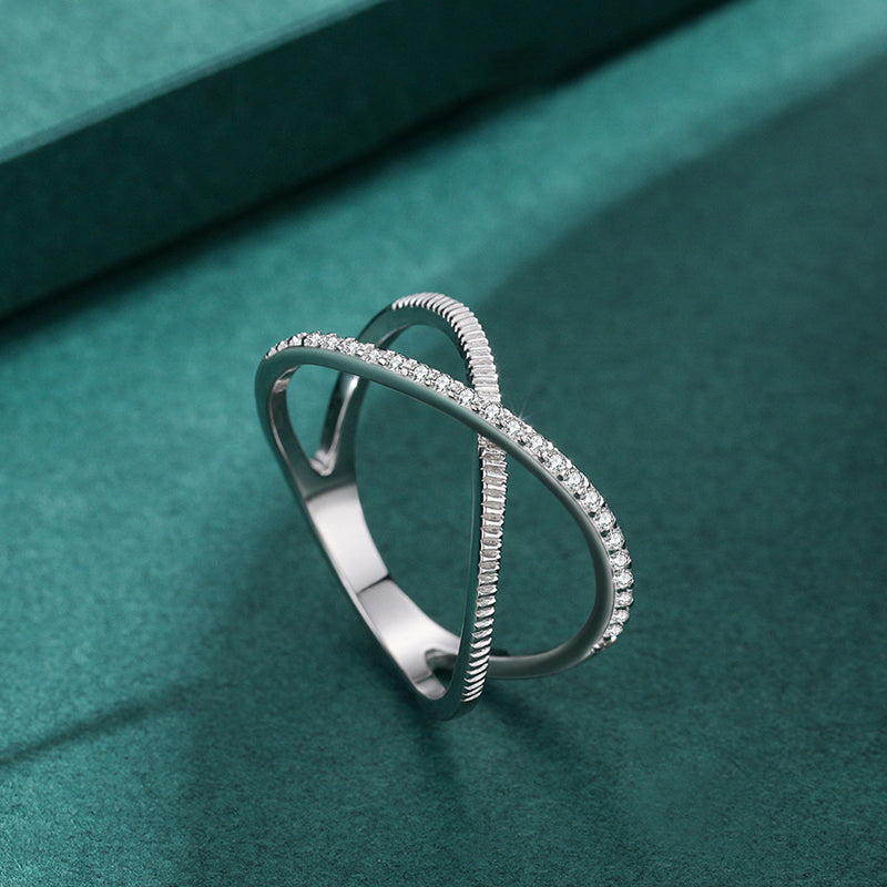 Crossed Sparkling Clear CZ Ring